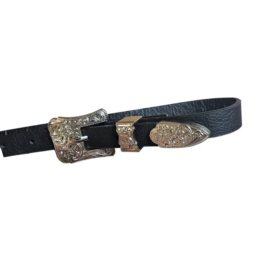 Leather Western‎ Cowboy Belt Silver Buckle Embellished Adjustable Mens 32
